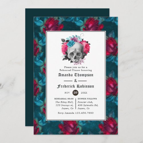 Teal and Burgundy Floral Gothic Rehearsal Dinner Invitation