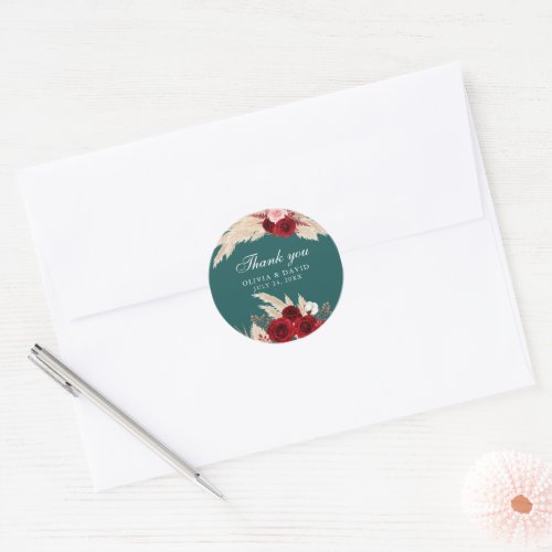 Teal and Burgundy Floral Thank You Sticker
