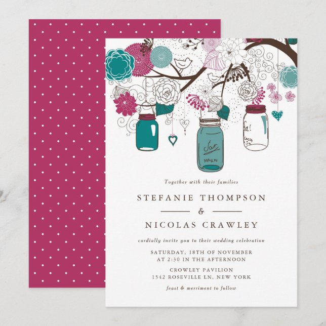 Teal and Burgundy Hanging Mason Jars Wedding Invitation (Front/Back)