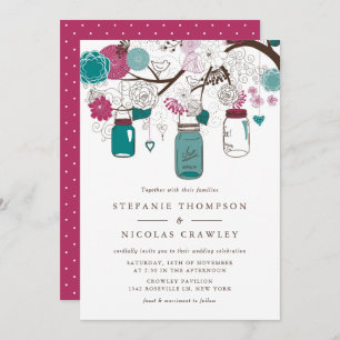 Teal and Burgundy Hanging Mason Jars Wedding Invitation