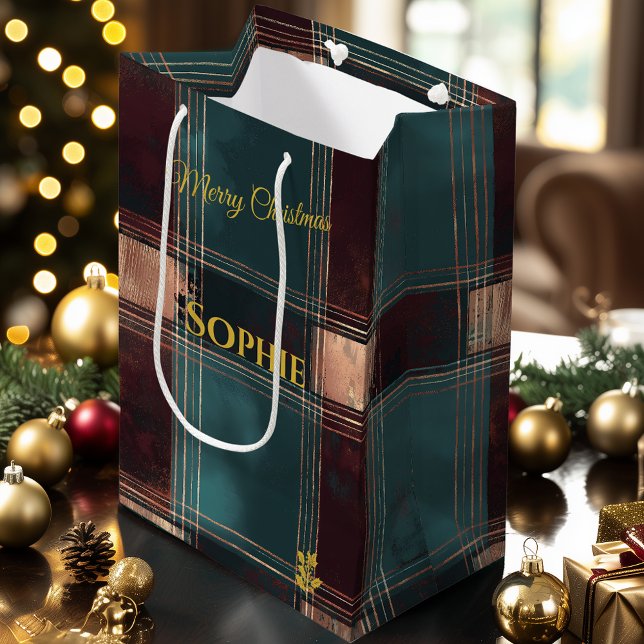 Teal and Burgundy Metallic Plaid Christmas Medium Gift Bag (Creator Uploaded)