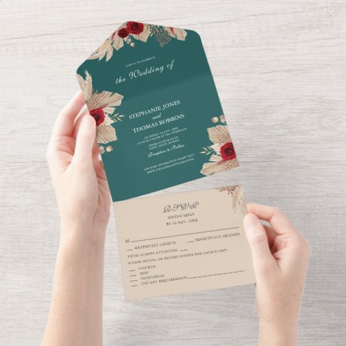 Teal and Burgundy Roses All in One Invite