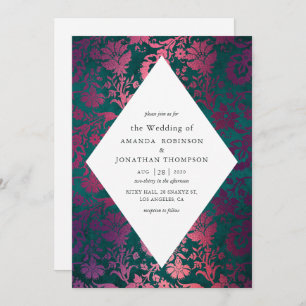 Teal and Burgundy Vintage Glam Faux Foil Wedding Invitation