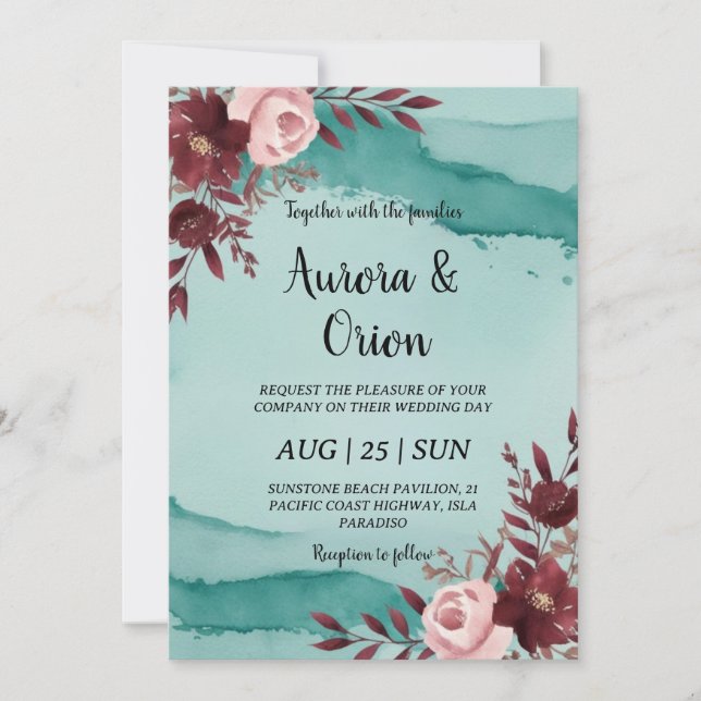teal and burgundy wedding invitations (Front)