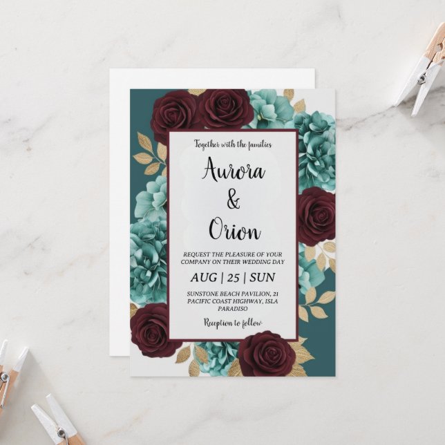 teal and burgundy wedding invitations (Front/Back In Situ)