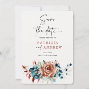 Teal and Burnt Orange Wedding Save the Date Invitation