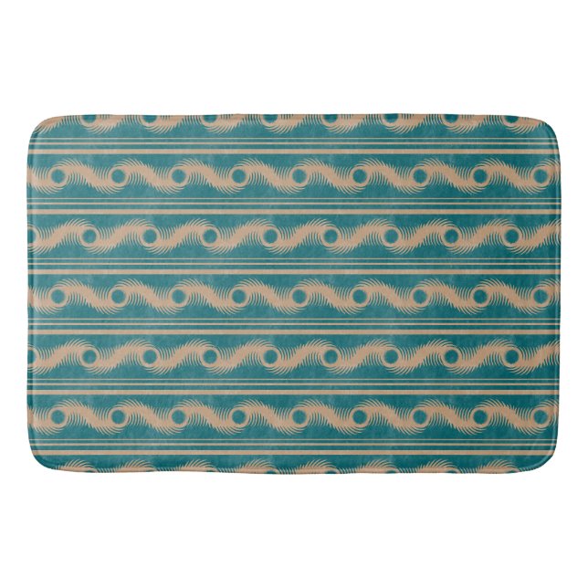 Teal and Caramel Spiral Geometric Striped Pattern Bath Mat (Front)