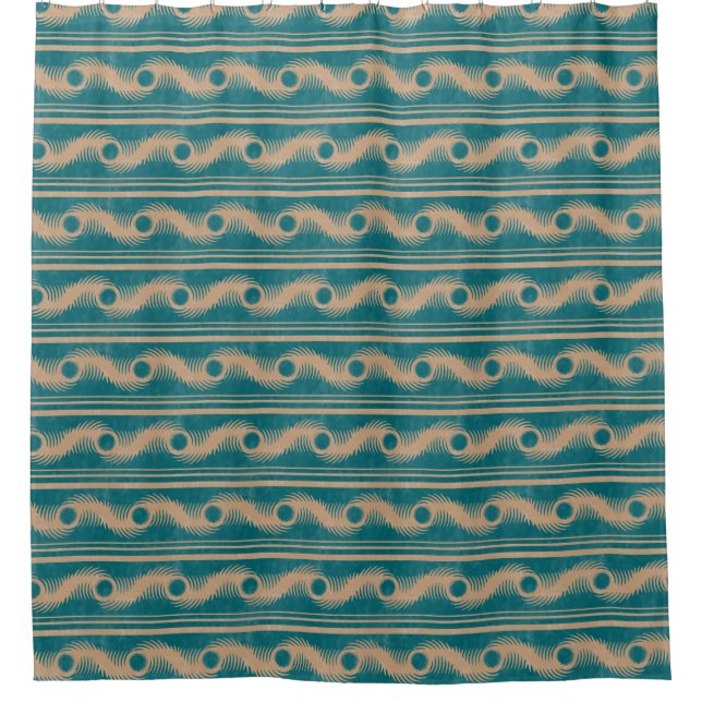 Teal and Caramel Spiral Geometric Striped Pattern Shower Curtain (Front)