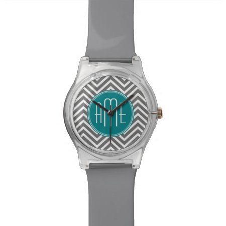 Teal And Charcoal Chevrons With Custom Monogram Wristwatch