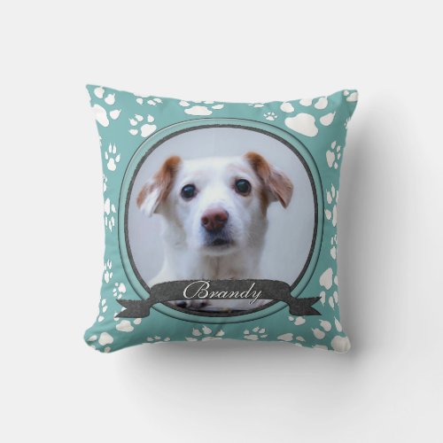 Teal and Charcoal  Dog Memorial Paw Prints Throw Pillow