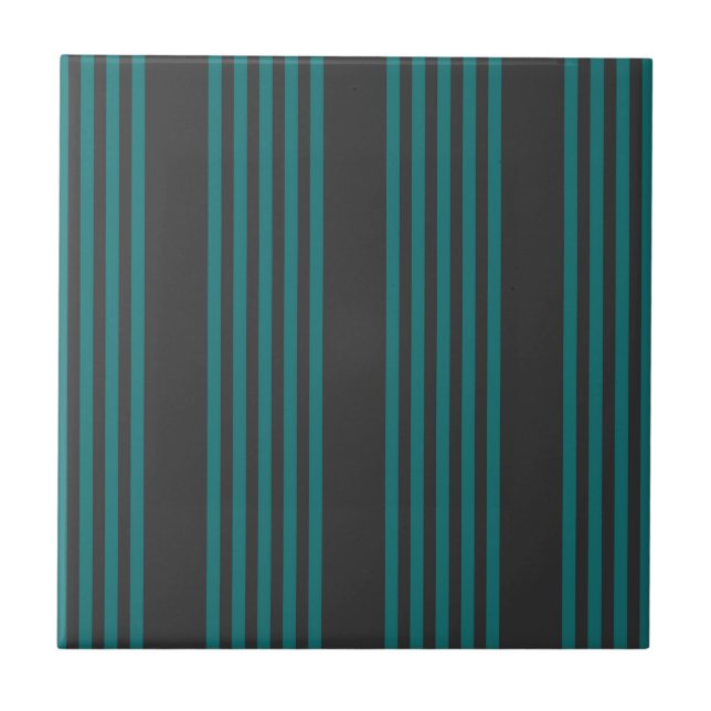 Teal and charcoal five stripe pattern ceramic tile (Front)