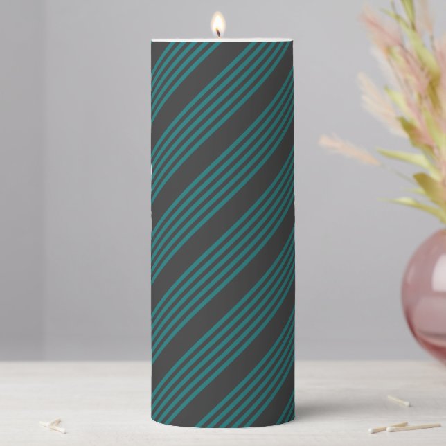 Teal and charcoal five stripe pattern pillar candle (In Situ)