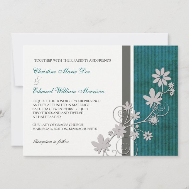 Teal and Charcoal Flower Wedding Invitation (Front)