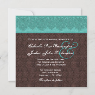Teal and Chocolate Damask Monogram Wedding V07 Invitation