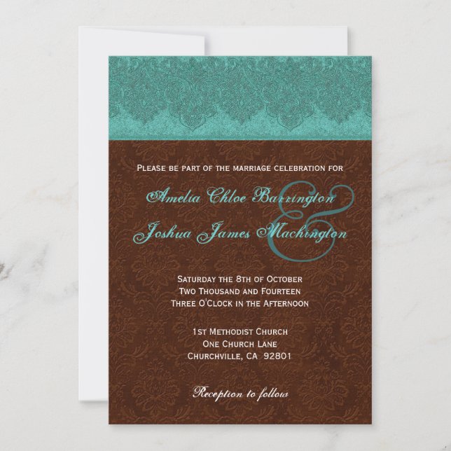 Teal and Chocolate Damask Monogram Wedding V15D Invitation (Front)