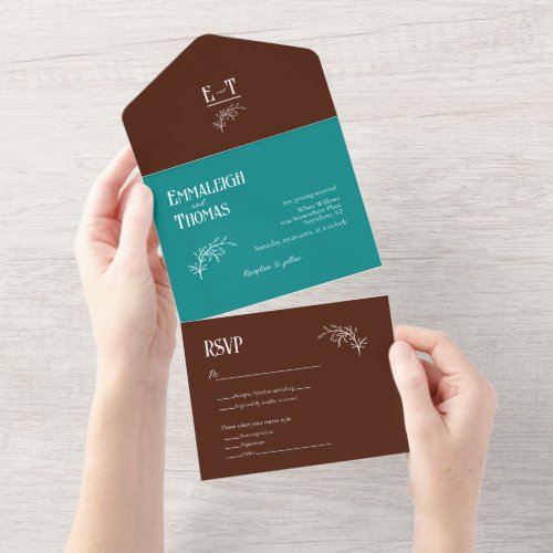 Teal and Chocolate Simple Modern Wedding All In One Invitation