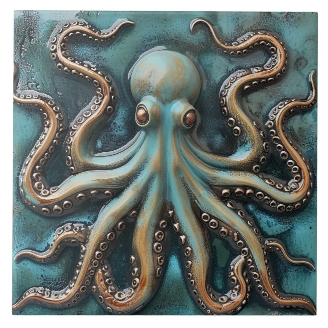 Teal and Copper 3D Effect Octopus Aquatic Ceramic Tile (Front)
