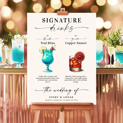 Teal and Copper Bride  Groom Signature Drinks Poster