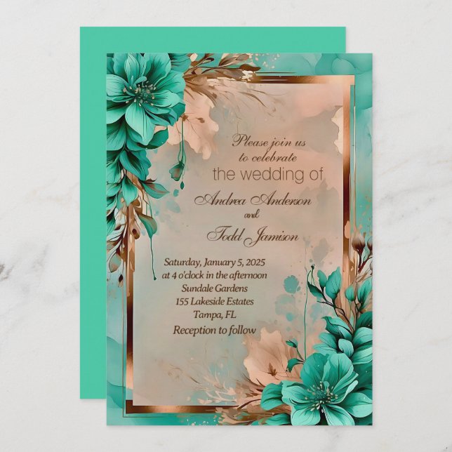 Teal and copper flower wedding invitation (Front/Back)