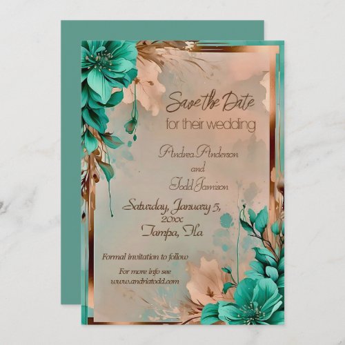 Teal and copper flower wedding  save the date