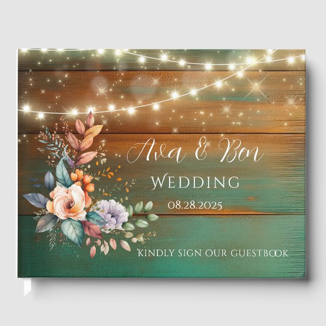 Teal and Copper Wood Floral Lights Wedding Guest Book (Front)