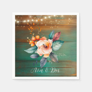 Teal and Copper Wood Floral Lights Wedding Napkins