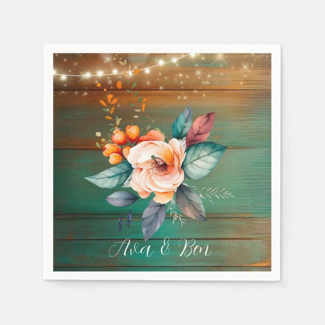 Teal and Copper Wood Floral Lights Wedding Napkins (Front)