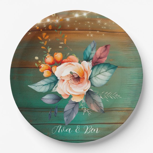 Teal and Copper Wood Floral Lights Wedding Paper Plates (Front)