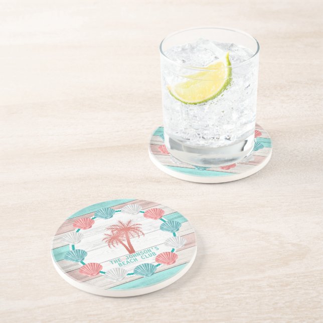 Teal and Coral Beach Wood Seashell Coaster (Side)