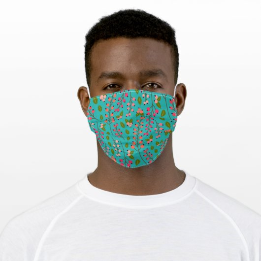 Teal and Coral Berry Pattern Adult Cloth Face Mask (Worn)