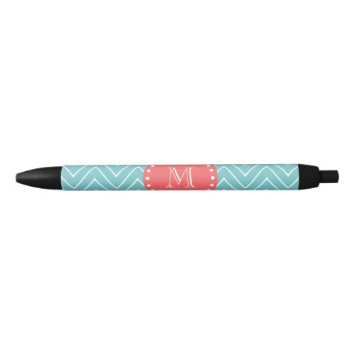 Teal and Coral Chevron with Custom Monogram Black Ink Pen