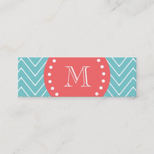 Customizable Teal and Coral Chevron with Custom Monogram Business Card Template