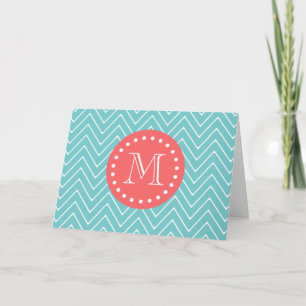 Teal and Coral Chevron with Custom Monogram Note Card