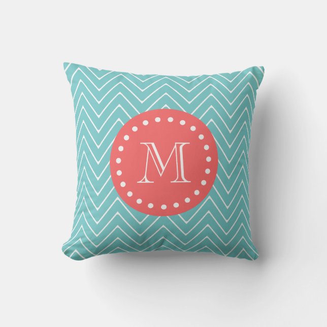 Teal and Coral Chevron with Custom Monogram Throw Pillow (Front)