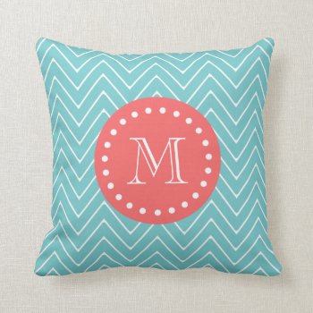 Teal And Coral Chevron With Custom Monogram Throw Pillow by GraphicsByMimi at Zazzle