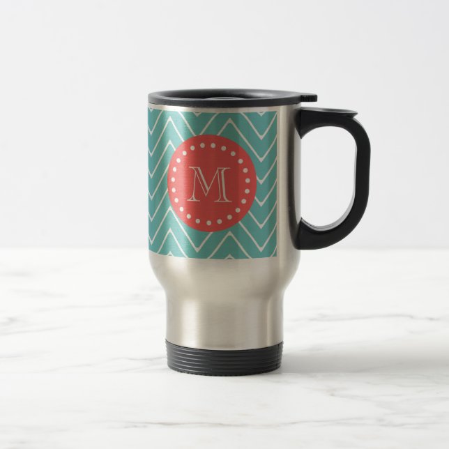 Teal and Coral Chevron with Custom Monogram Travel Mug (Right)