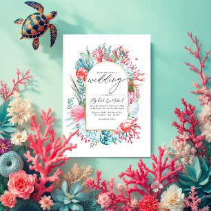 Teal and Coral Coastal Destination Wedding QR Code Invitation