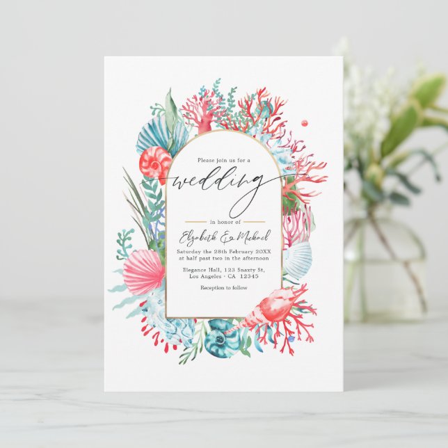 Teal and Coral Coastal Destination Wedding QR Code Invitation (Standing Front)