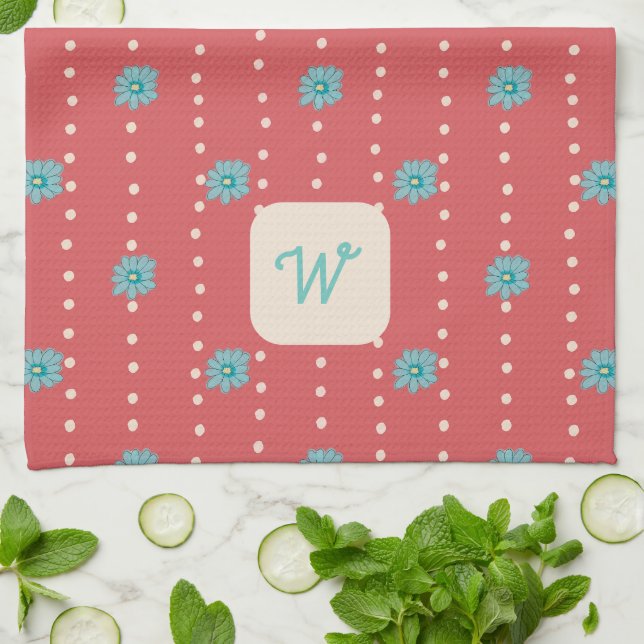 Teal and Coral Floral Monogram Kitchen Tea Towel (Folded)