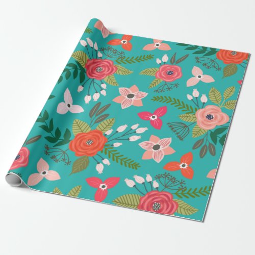 Teal and Coral Floral Pattern Wrapping Paper