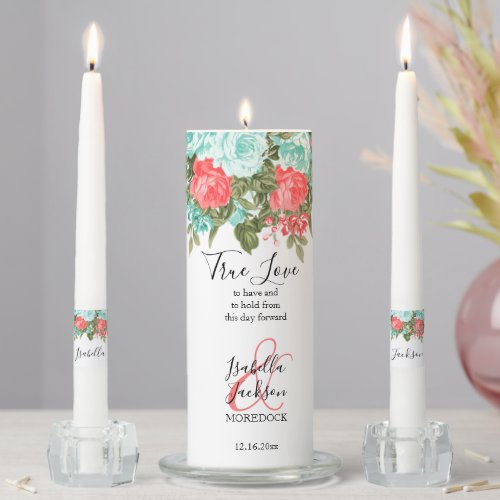 Teal and Coral Floral Wedding Unity Candle Set