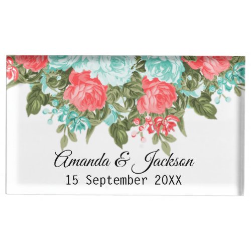 Teal and Coral Flowers Place Card Holder