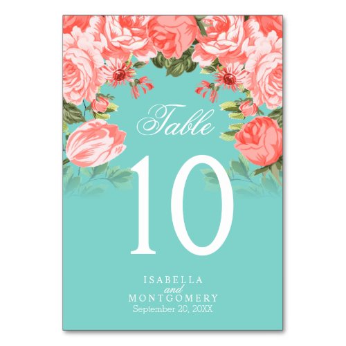 Teal and Coral Flowers  Table Cards