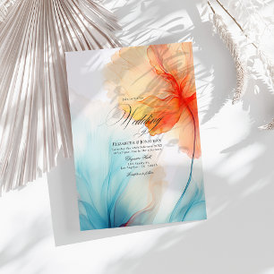 Teal and Coral Modern Abstract Alcohol Ink Wedding Invitation