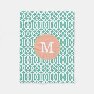 Teal and Coral Monogram Trellis Fleece Blanket