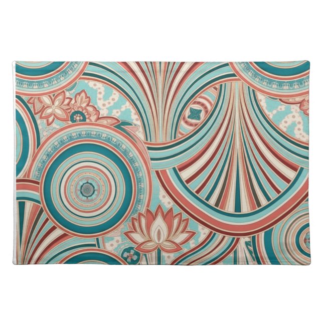 Teal and Coral Nouveau Flow Cloth Placemat (Front)