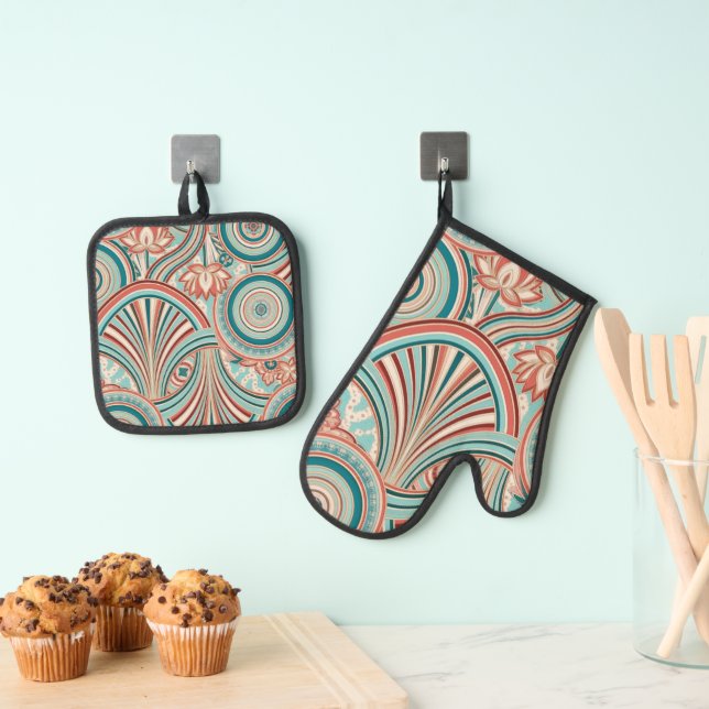 Teal and Coral Nouveau Flow  Oven Mitt & Pot Holder Set (Insitu(Hanging))