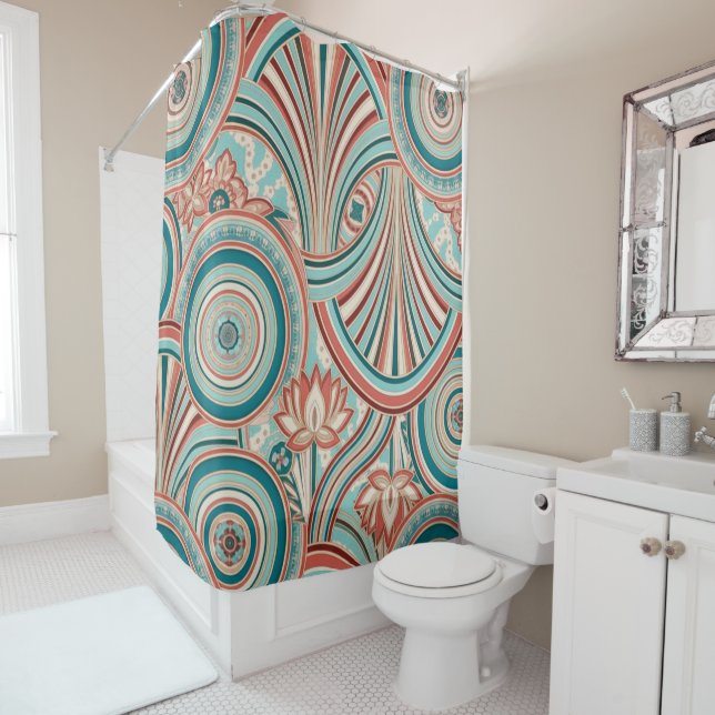 Teal and Coral Nouveau Flow  Shower Curtain (In Situ)