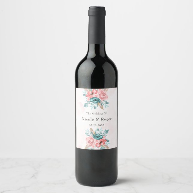 Teal and Coral Peony Flower Wedding Wine Label (Front)
