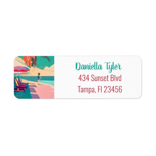 Teal and Coral Sandy Beach Person Walking Label